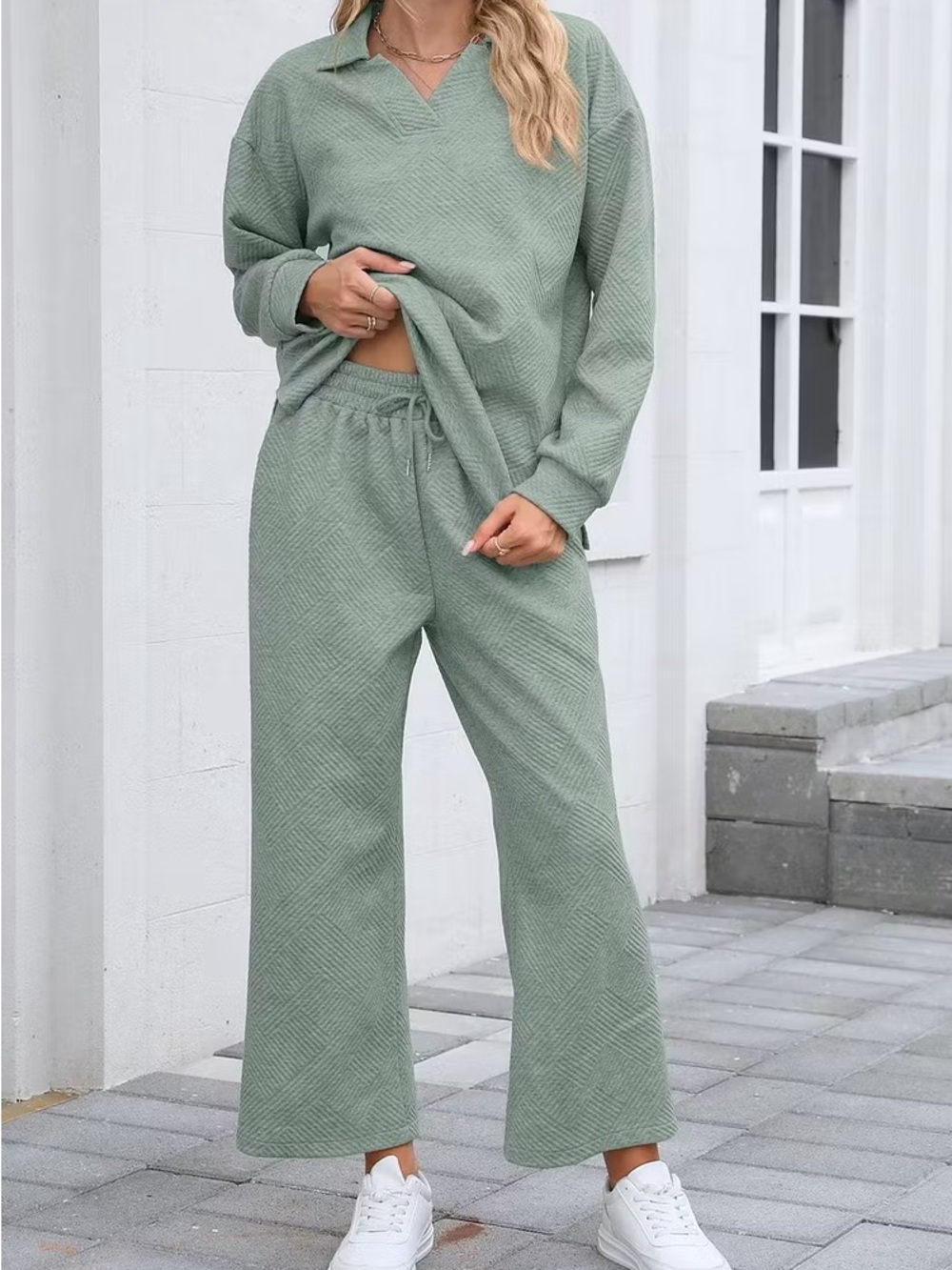 Sage Green Quilted Loungewear Set - Top & Wide Leg Pants